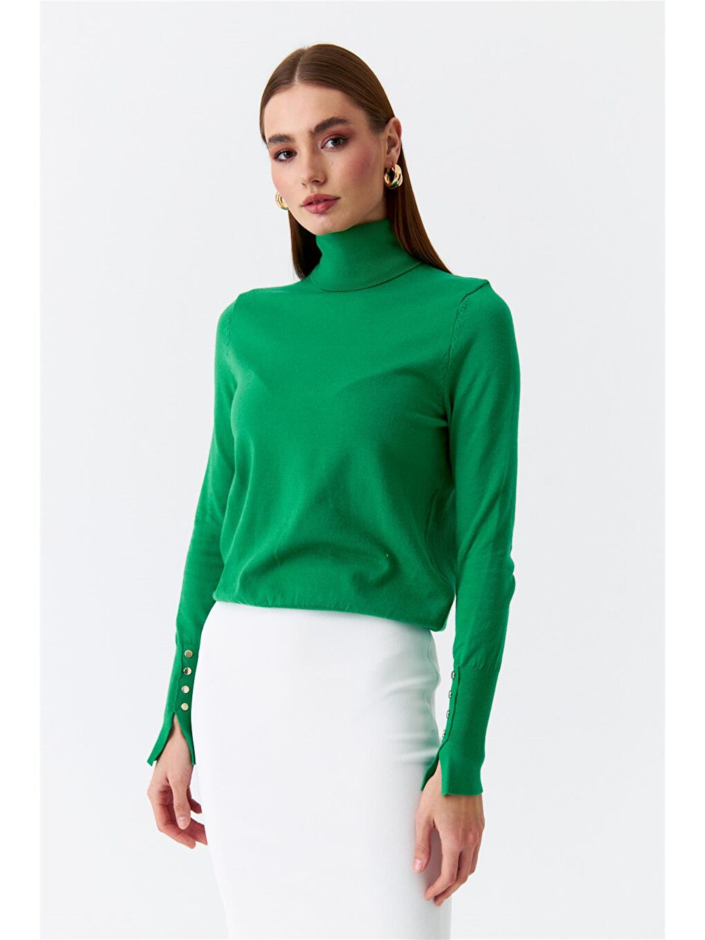 Balıkçı Yaka Kol Droplu Triko Yeşil Kadın Kazak-3