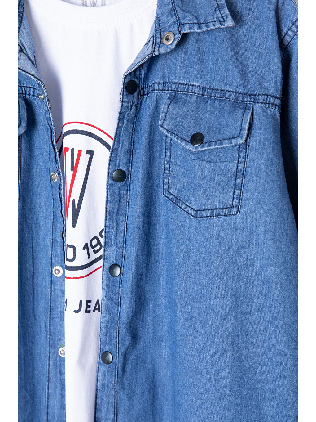 Mavi Bisiklet Yaka Tişörtlü Erkek Çocuk Göğüs Cepli Jean Gömlek 20080-1