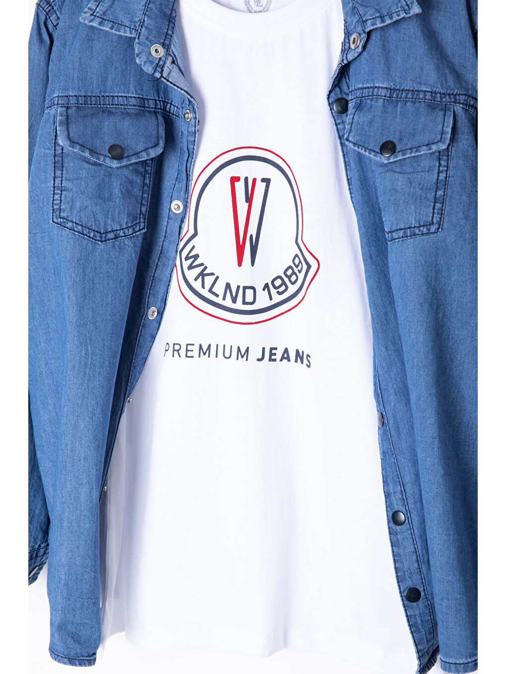 Mavi Bisiklet Yaka Tişörtlü Erkek Çocuk Göğüs Cepli Jean Gömlek 20080-2