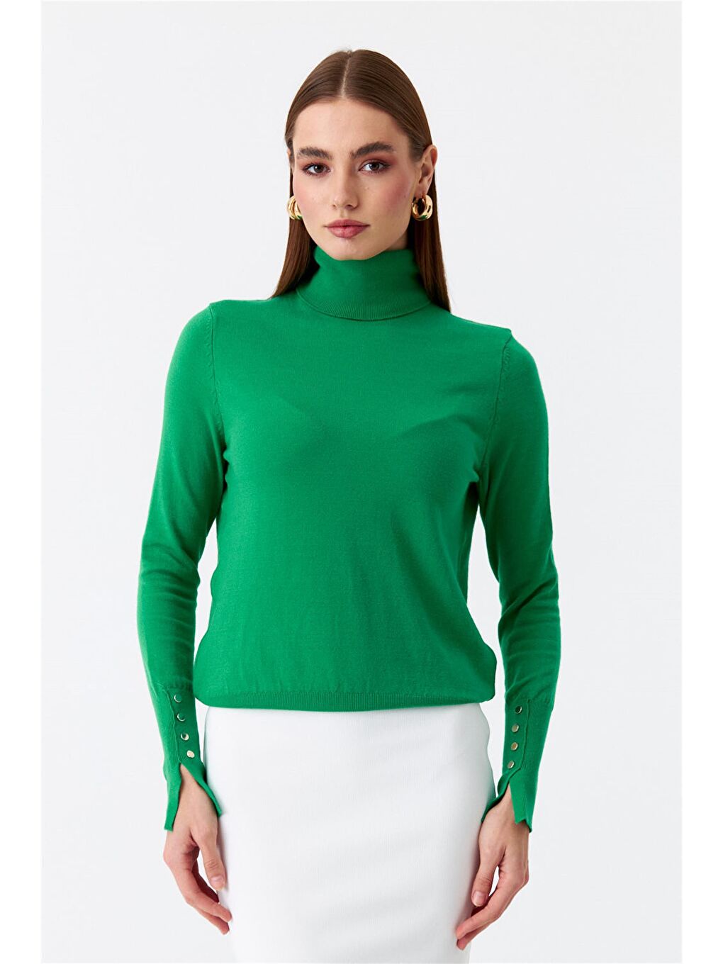 Balıkçı Yaka Kol Droplu Triko Yeşil Kadın Kazak-4