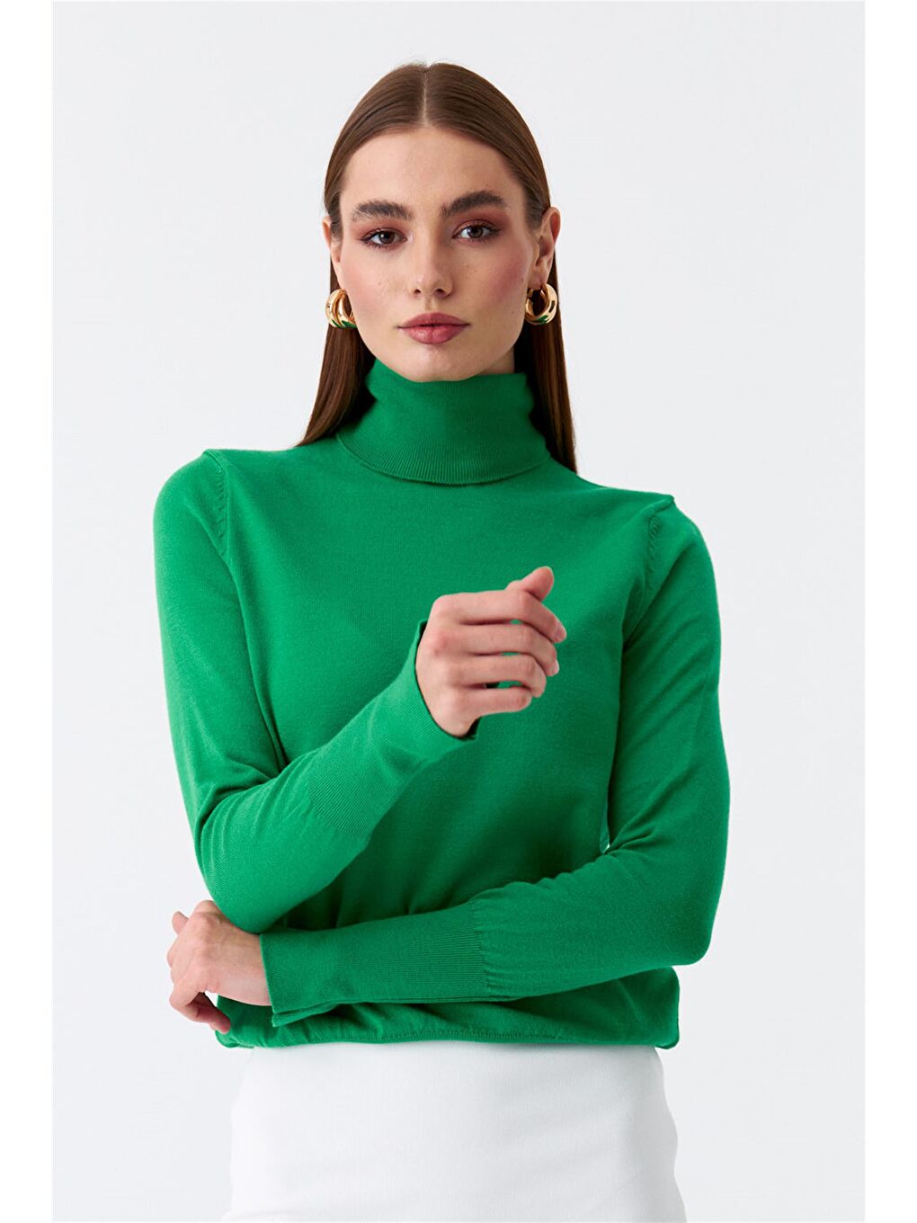 Balıkçı Yaka Kol Droplu Triko Yeşil Kadın Kazak-5