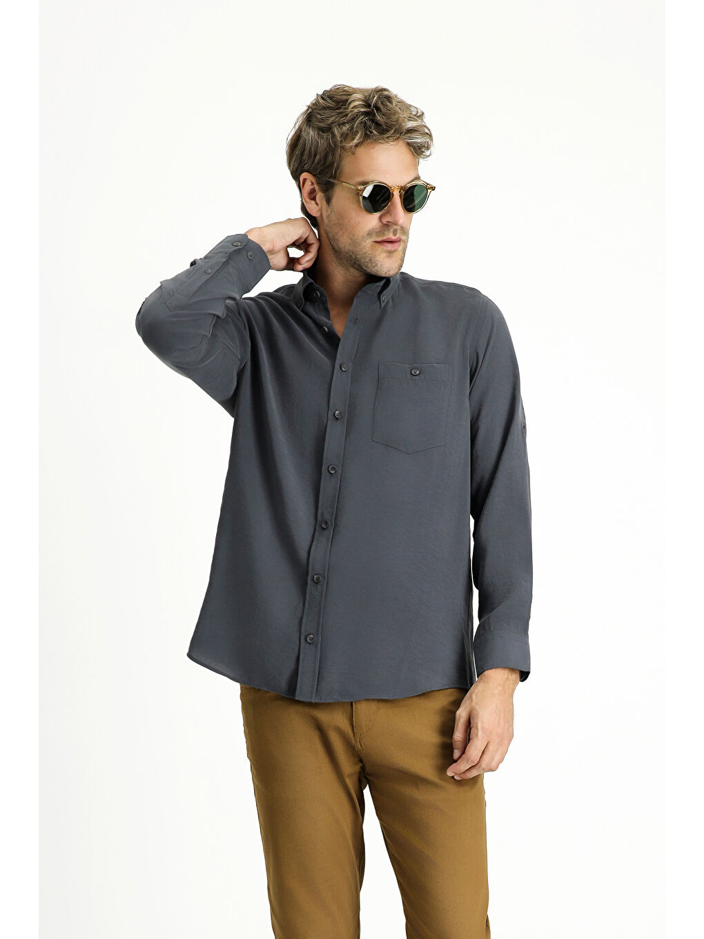 Antrasit Uzun Kol Regular Fit Düğmeli Yaka Spor Gömlek
