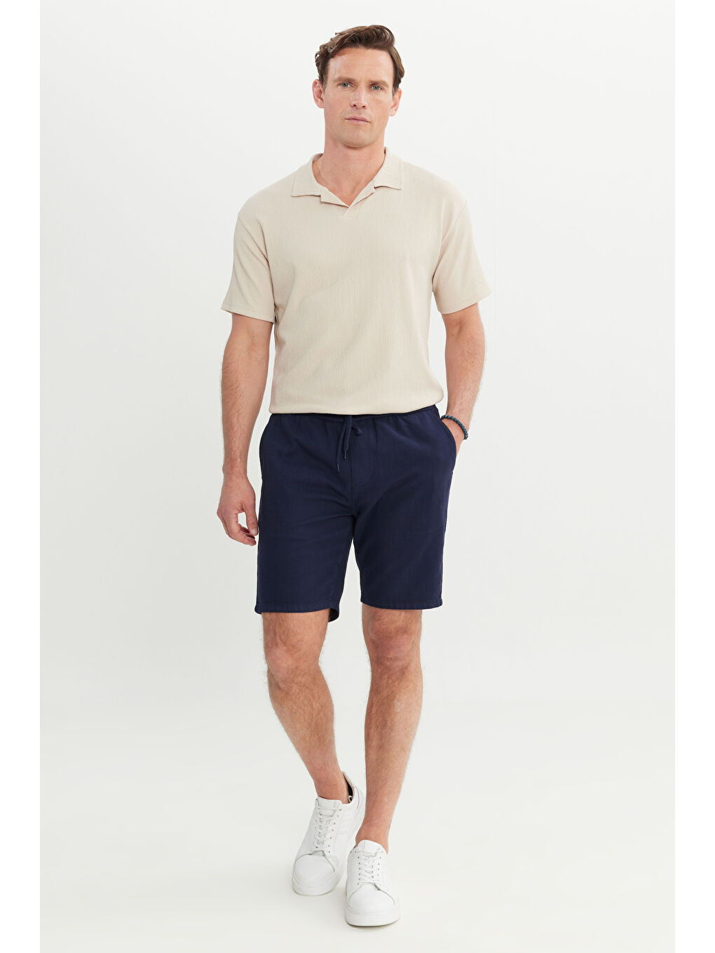 Erkek Lacivert-Açık Gri 2'li Paket %100 Pamuk Comfort Fit Beli Bağlamalı Flamlı Yan Cepli Şort-3