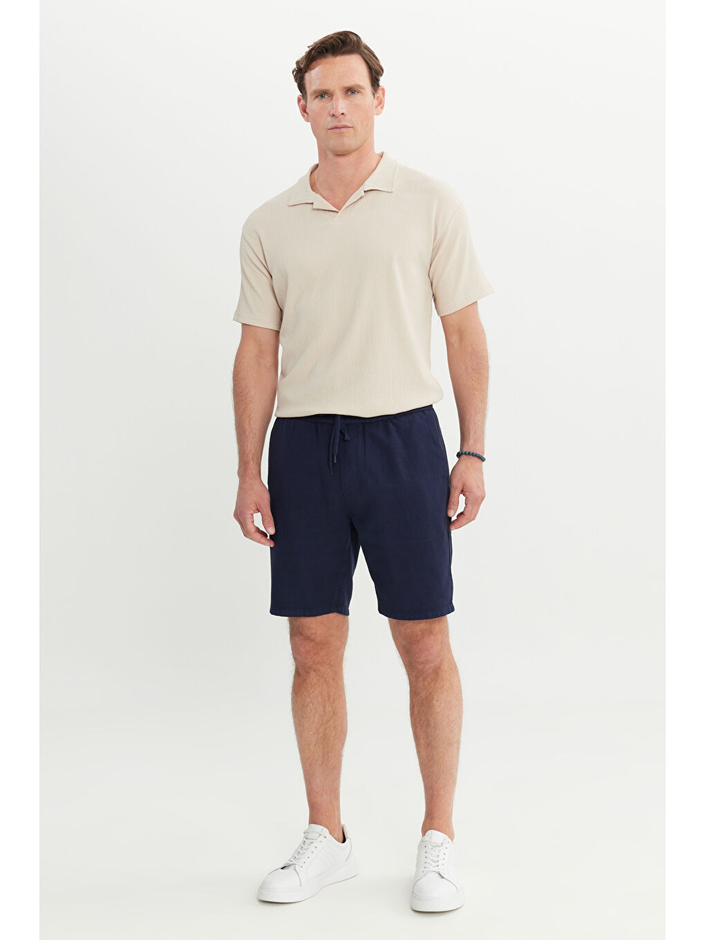 Erkek Lacivert-Açık Gri 2'li Paket %100 Pamuk Comfort Fit Beli Bağlamalı Flamlı Yan Cepli Şort-5