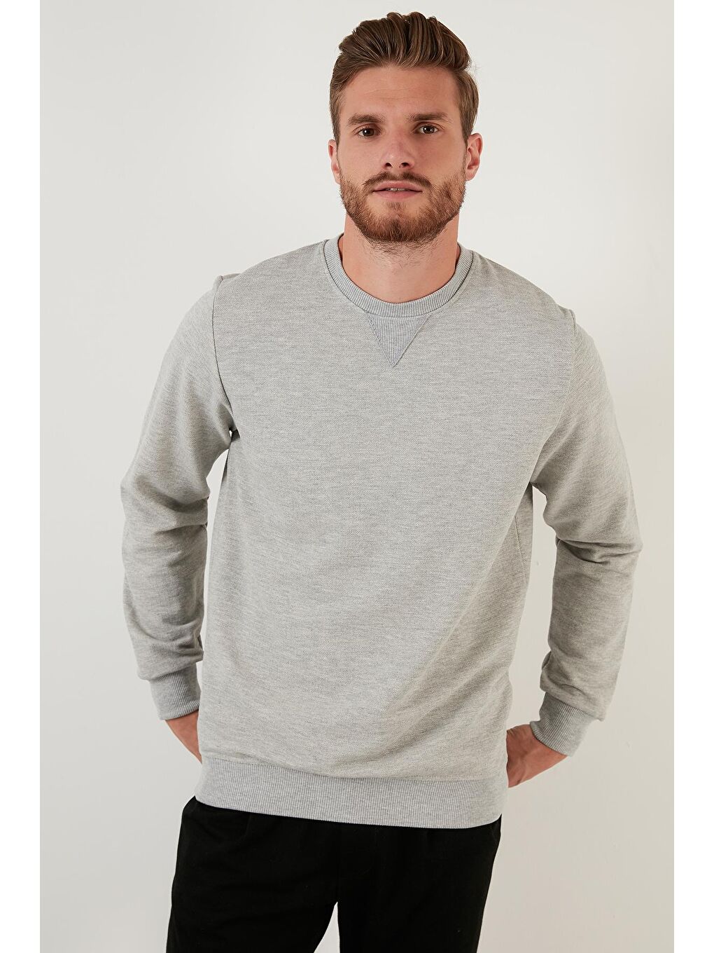 Gri % 100 Pamuk Bisiklet Yaka Basic Sweat 5905028-1