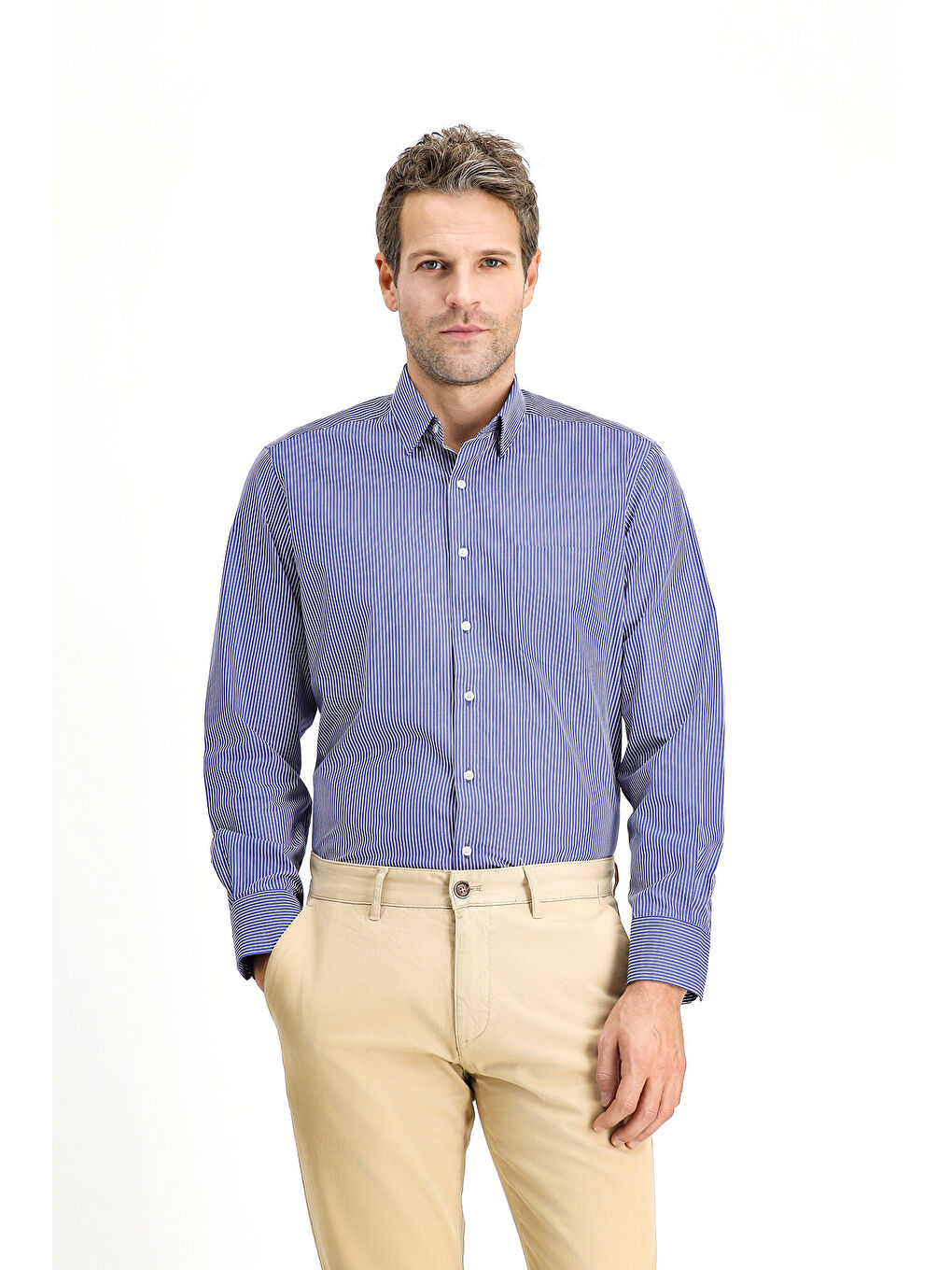 Lacivert Uzun Kol Klasik Çizgili Pamuk Gömlek