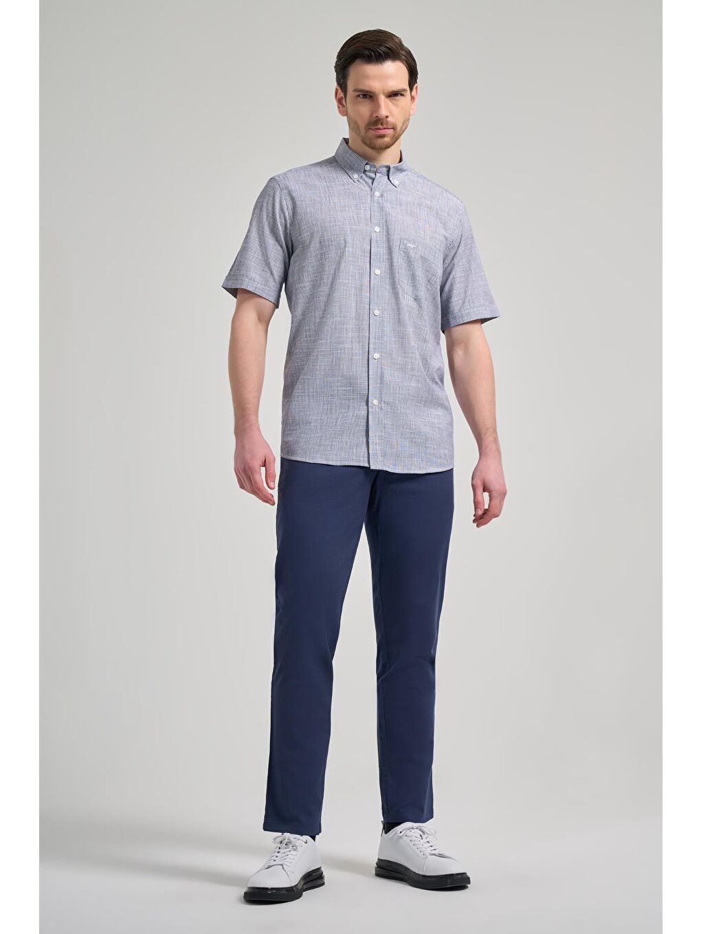 Lacivert Kısa Kol Çizgili Desen Düğmeli Yaka Cepli Classic Comfort Fit Gömlek 1004250163-1