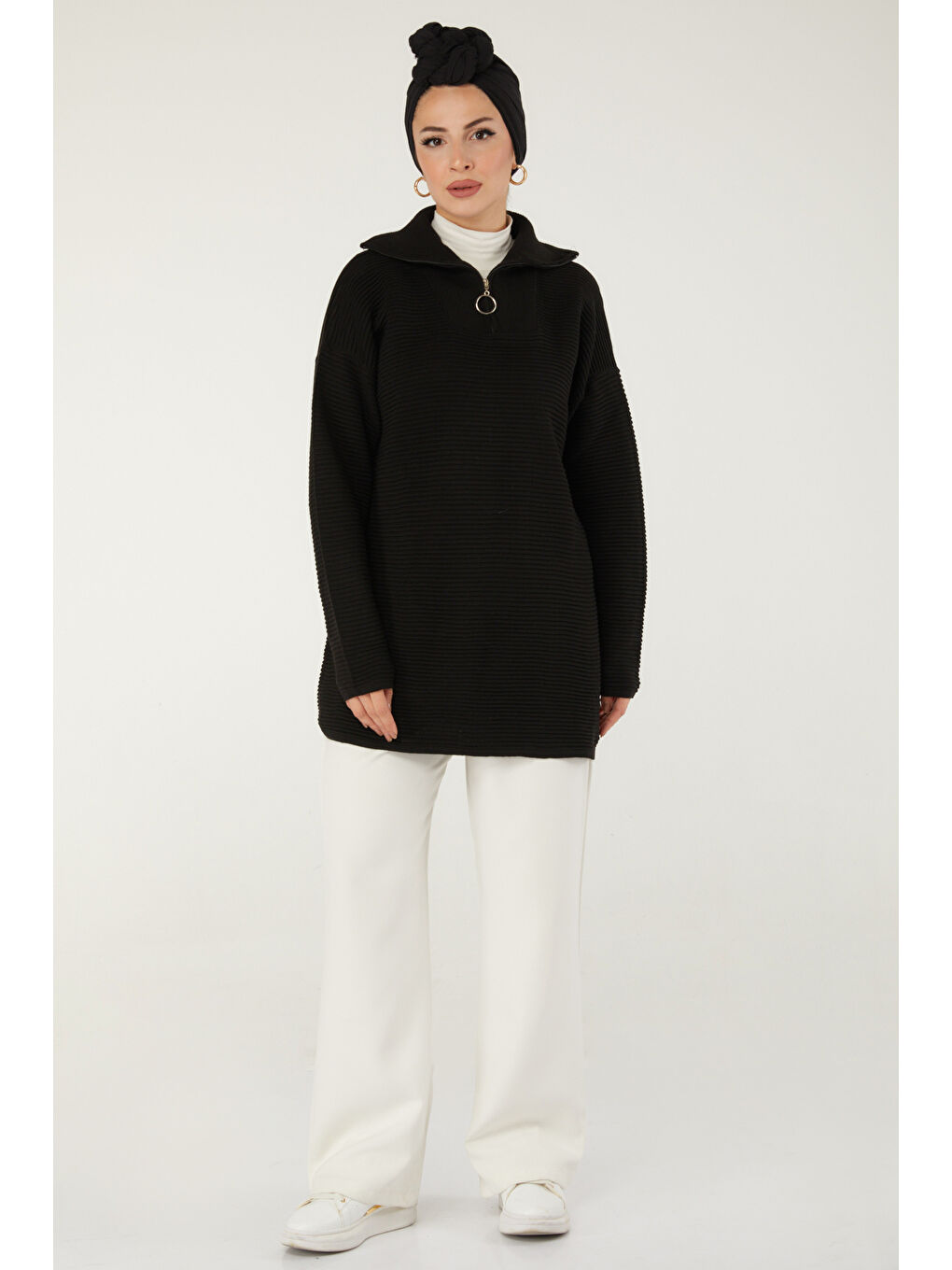 Fitili Fermuarlı Triko Kazak Siyah - 27632-1