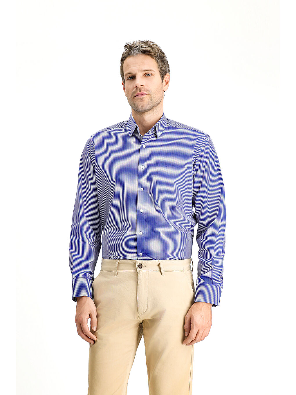 Lacivert Uzun Kol Klasik Çizgili Pamuk Gömlek-2