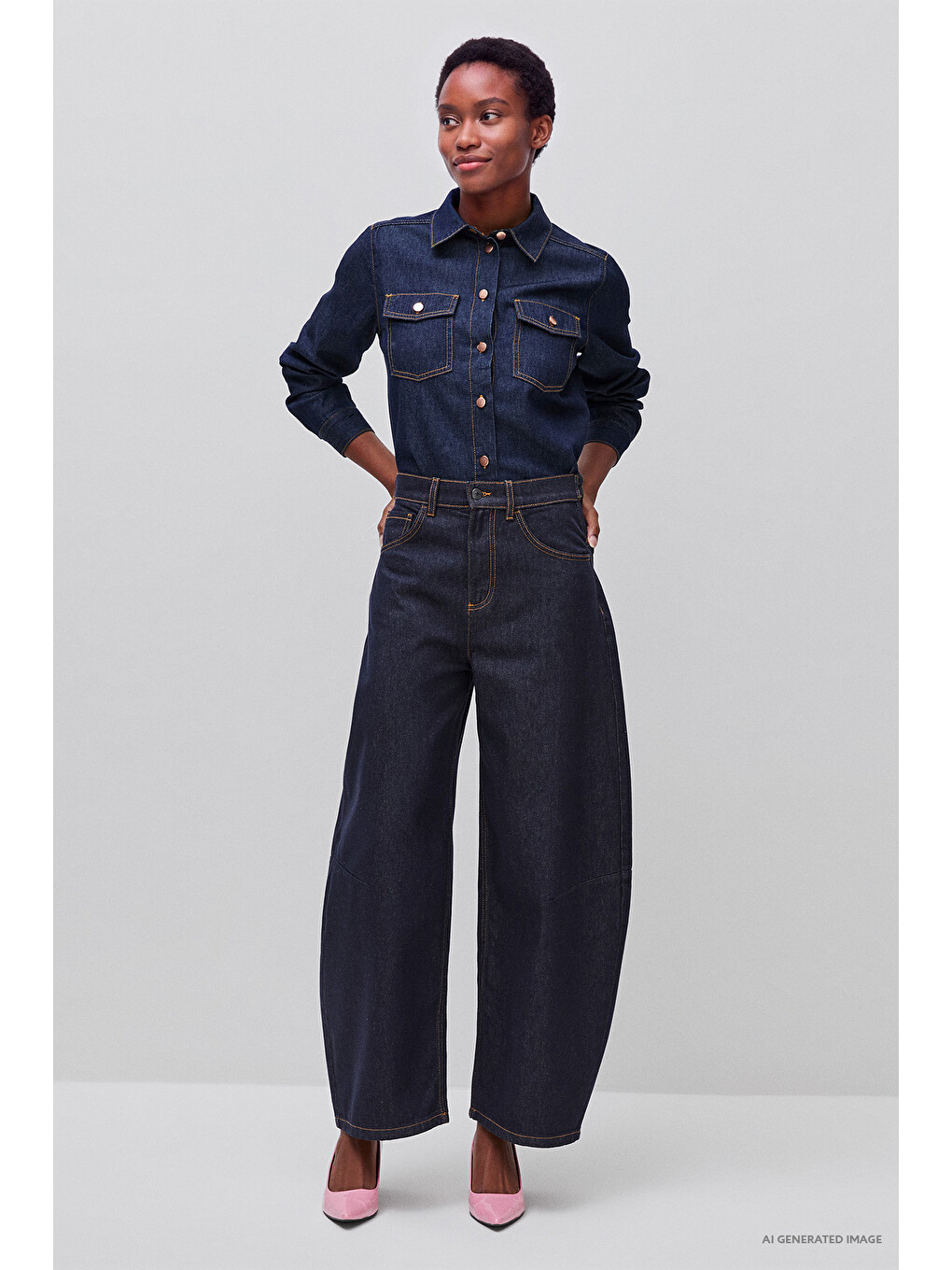 Kadın Koyu Mavi %100 Pamuk Regular Fit Cepli Denim Gömlek-2