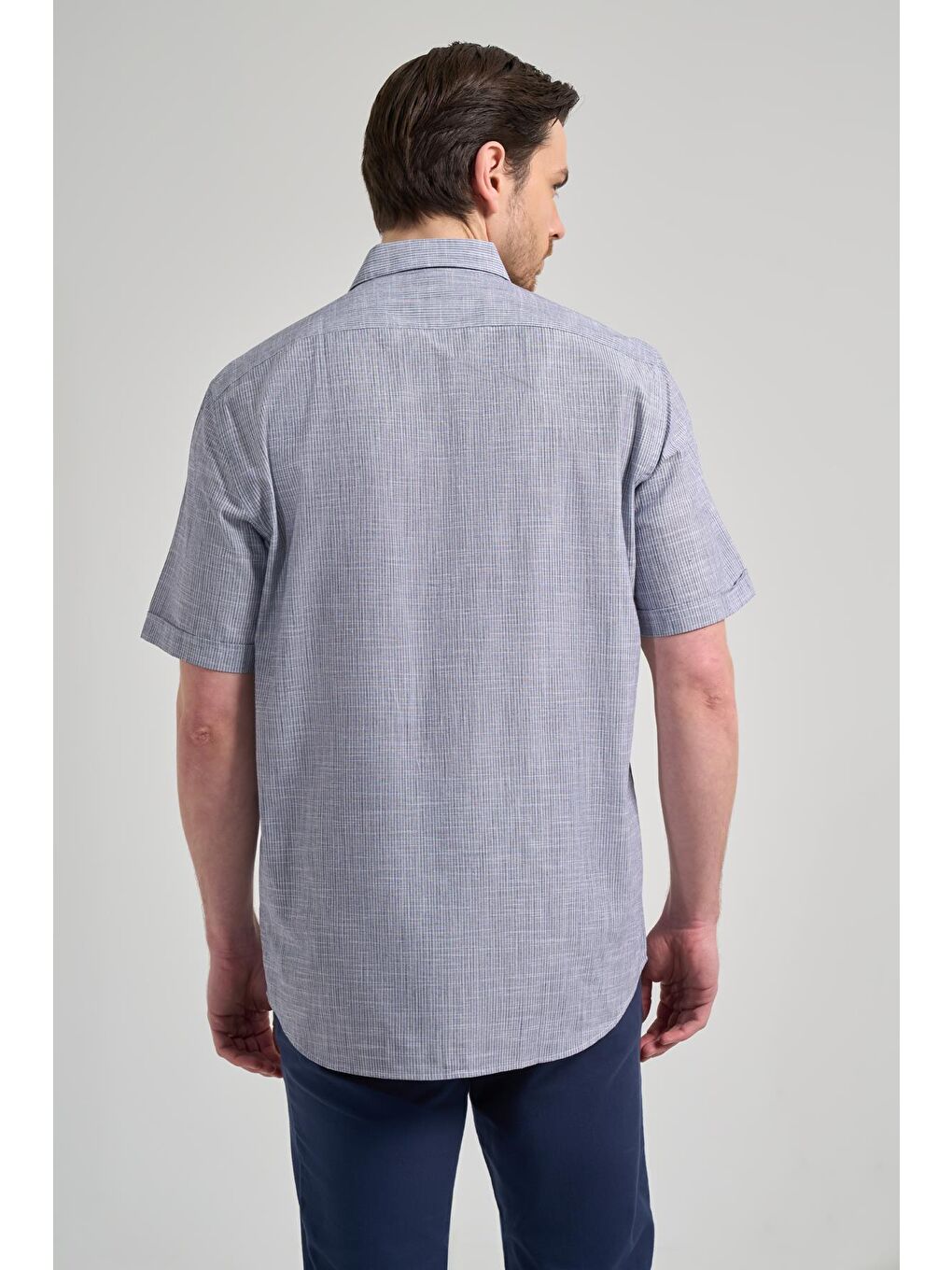 Lacivert Kısa Kol Çizgili Desen Düğmeli Yaka Cepli Classic Comfort Fit Gömlek 1004250163-4