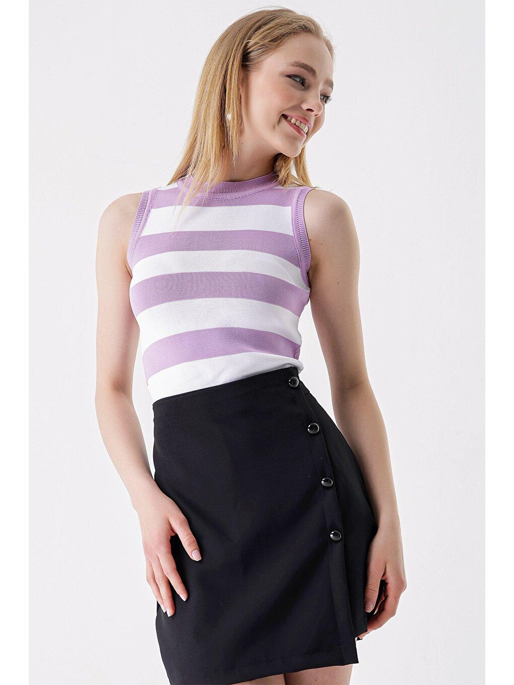Lila Bisiklet Yaka Kalın Çizgili Kolsuz BLUZ-2