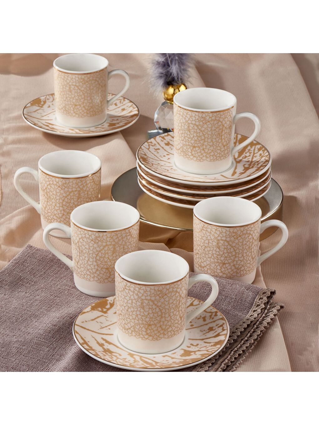 Ekru Camelia 12 Parça 6 Kişilik Bone Türk Kahvesi Fincan Takımı - 2511
