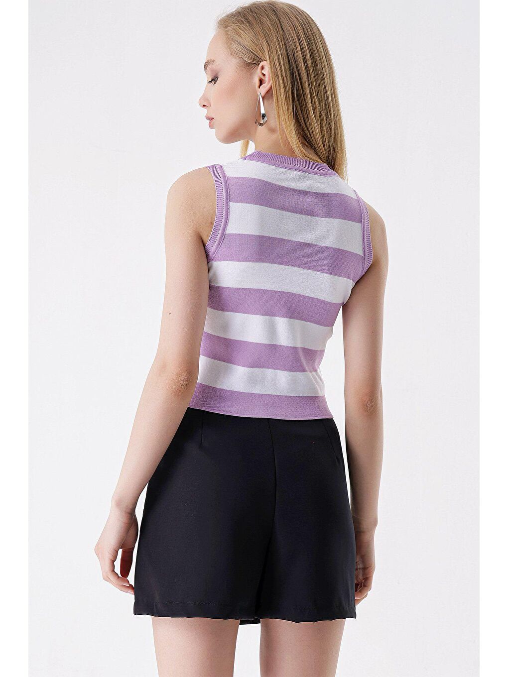 Lila Bisiklet Yaka Kalın Çizgili Kolsuz BLUZ-3