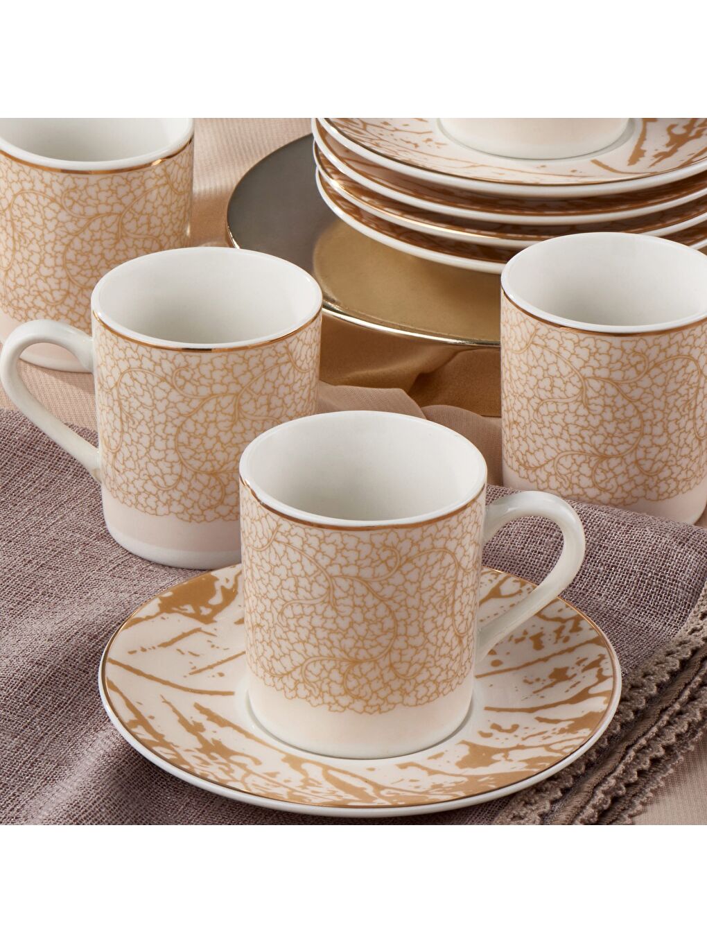 Ekru Camelia 12 Parça 6 Kişilik Bone Türk Kahvesi Fincan Takımı - 2511-2