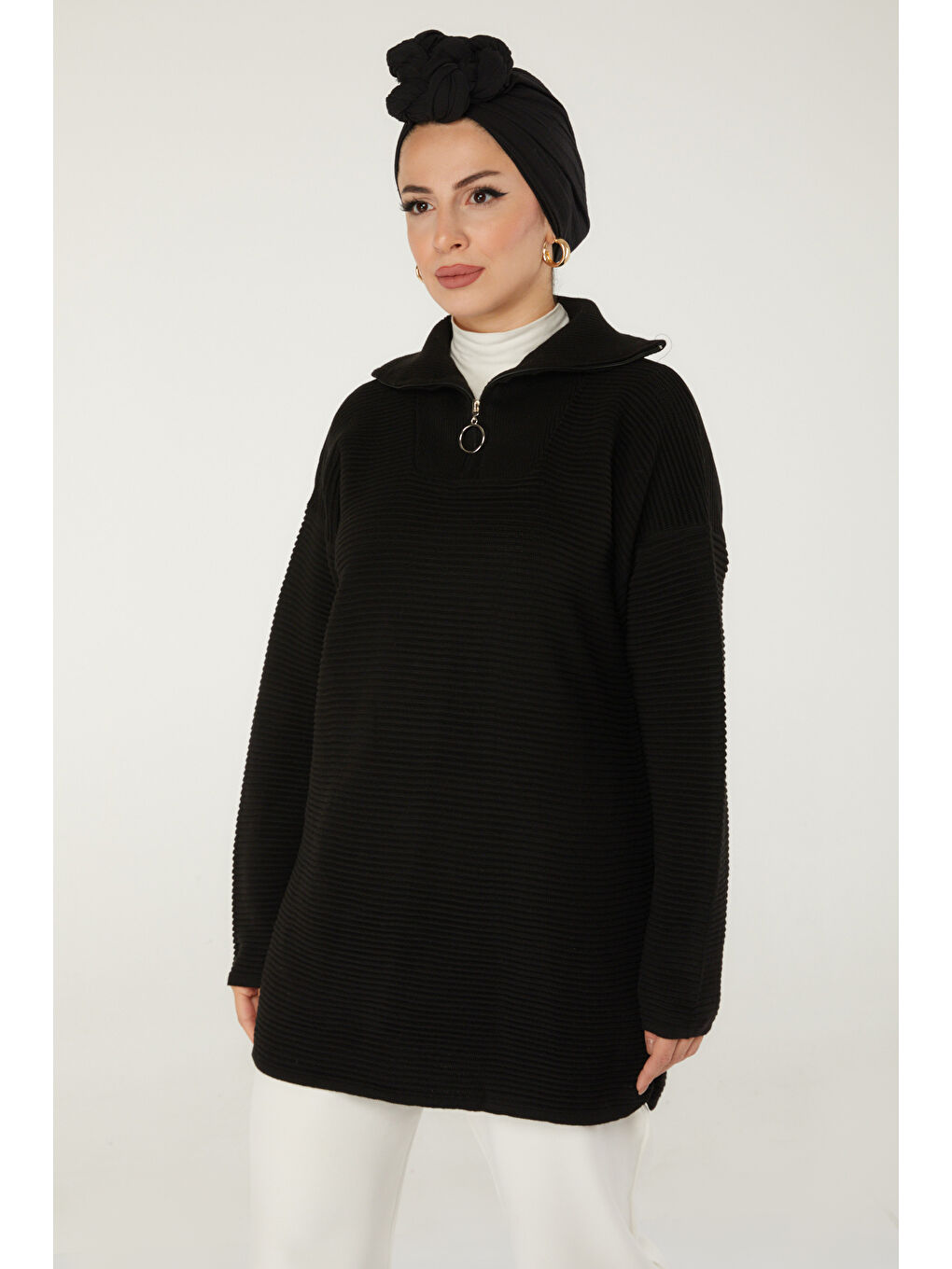 Fitili Fermuarlı Triko Kazak Siyah - 27632-2