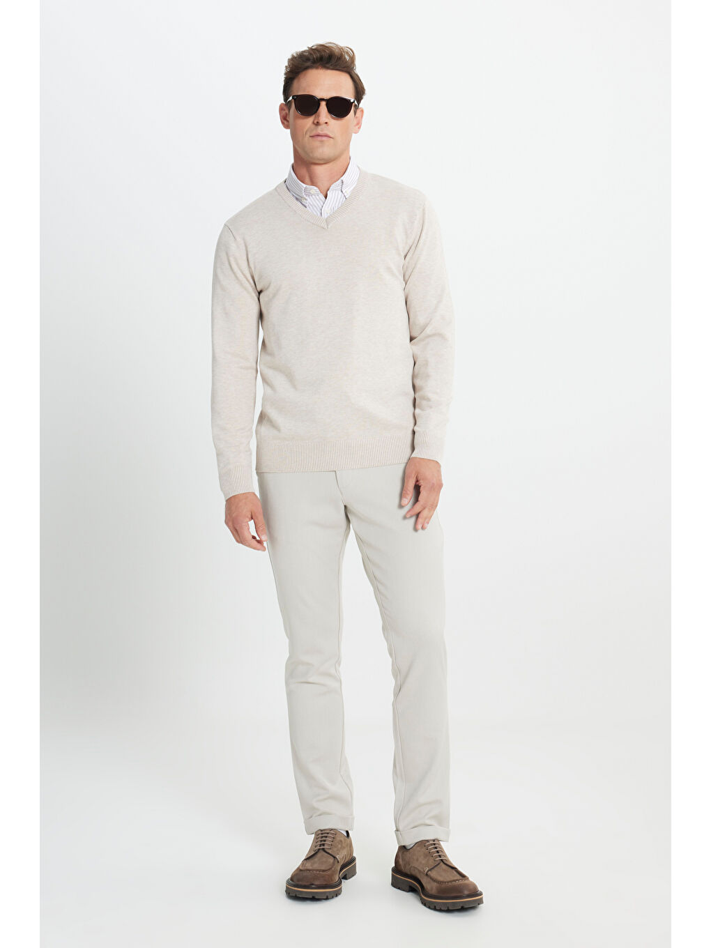 Erkek Bej Melanj Standart Fit Normal Kesim V Yaka Triko Kazak-1