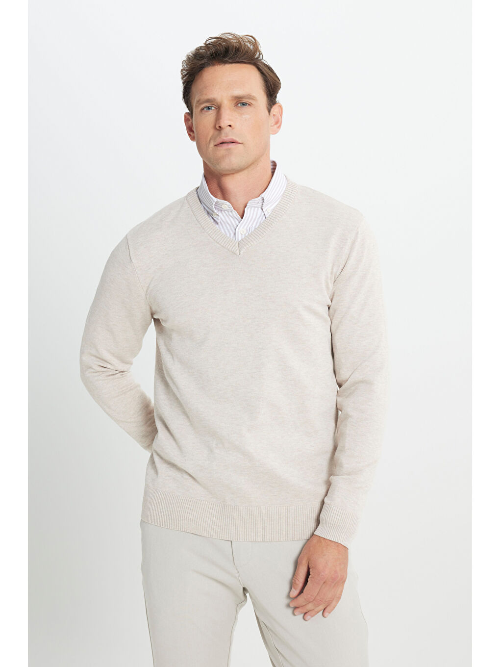 Erkek Bej Melanj Standart Fit Normal Kesim V Yaka Triko Kazak-2