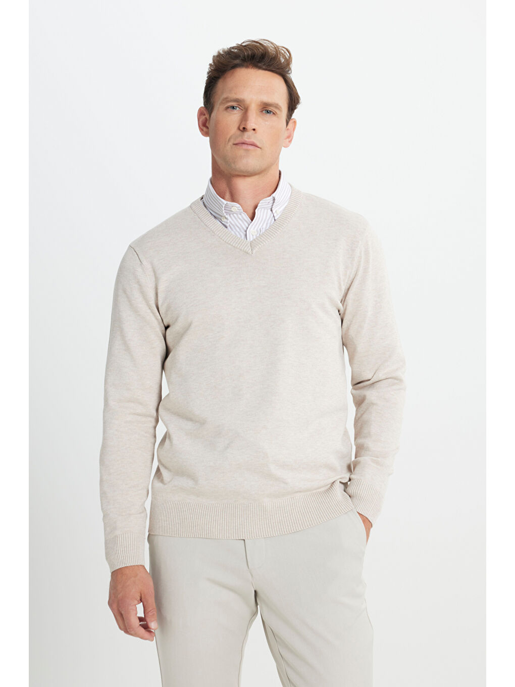 Erkek Bej Melanj Standart Fit Normal Kesim V Yaka Triko Kazak-3