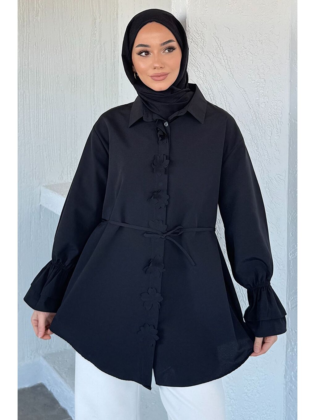 Siyah Kadın Bel Bağcıklı Tesettür Gömlek