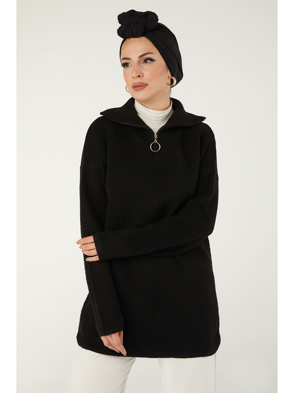 Fitili Fermuarlı Triko Kazak Siyah - 27632-3