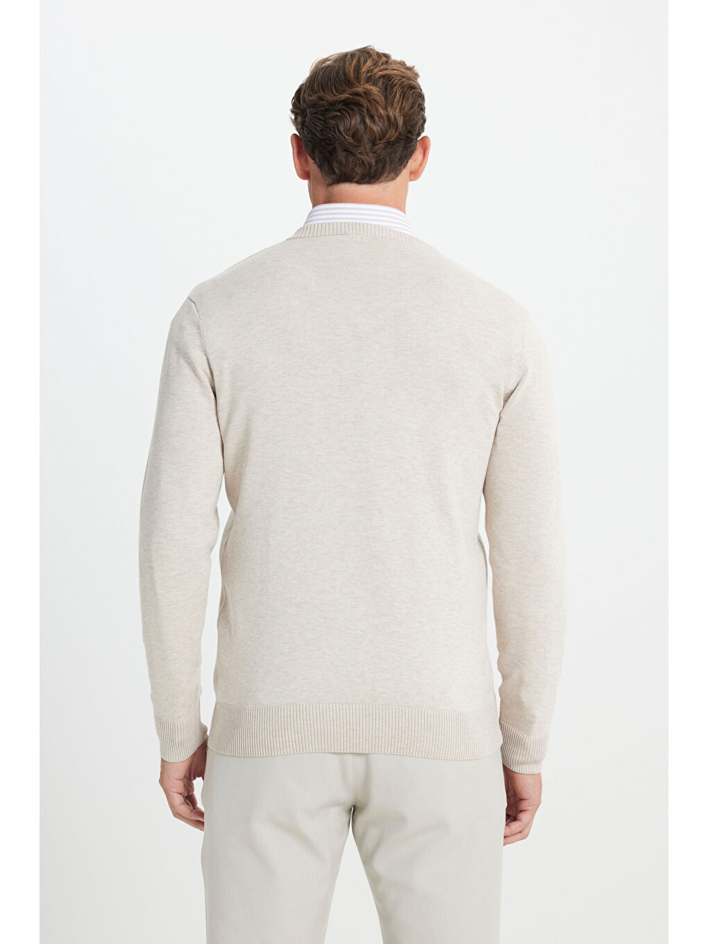 Erkek Bej Melanj Standart Fit Normal Kesim V Yaka Triko Kazak-5