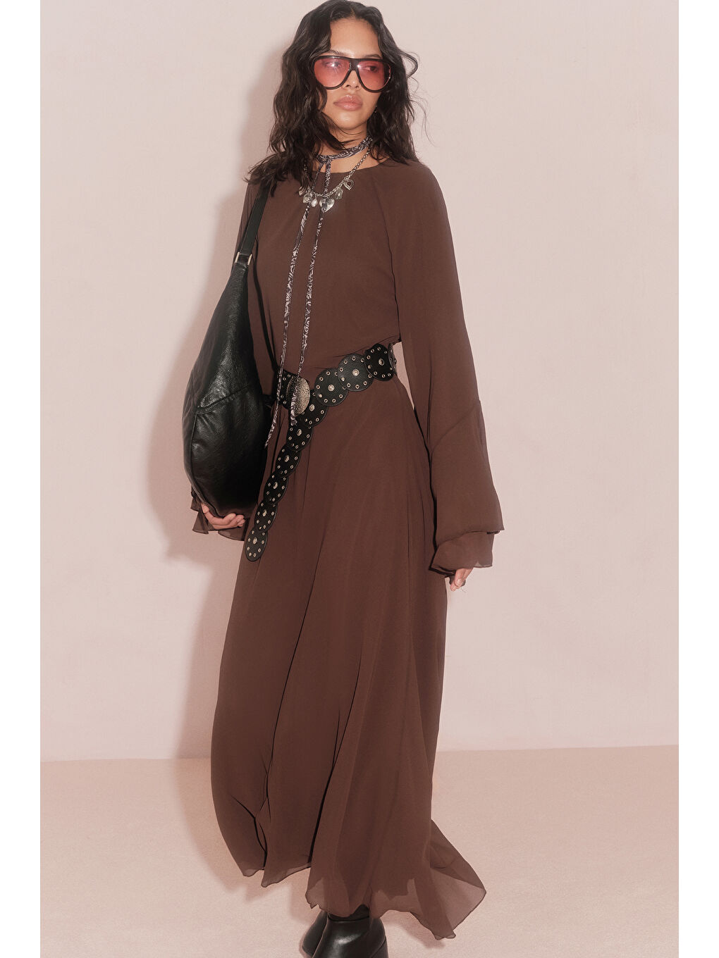 Şifon Volanlı Elbise Kahverengi