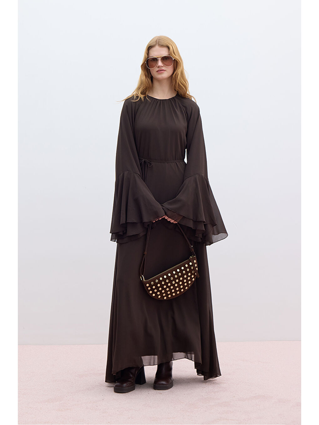 Şifon Volanlı Elbise Kahverengi-1