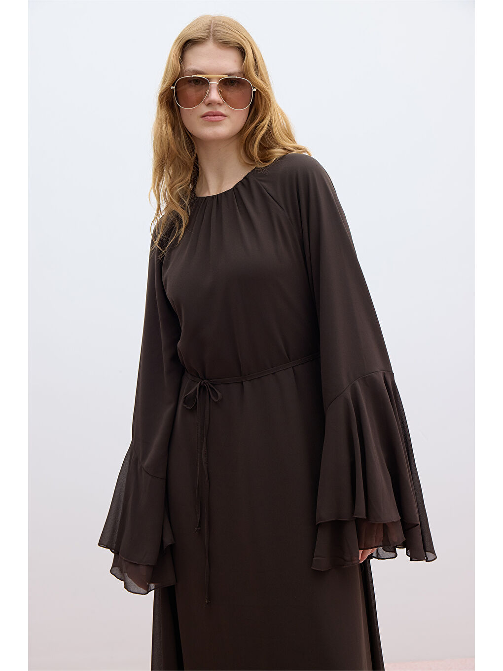 Şifon Volanlı Elbise Kahverengi-2