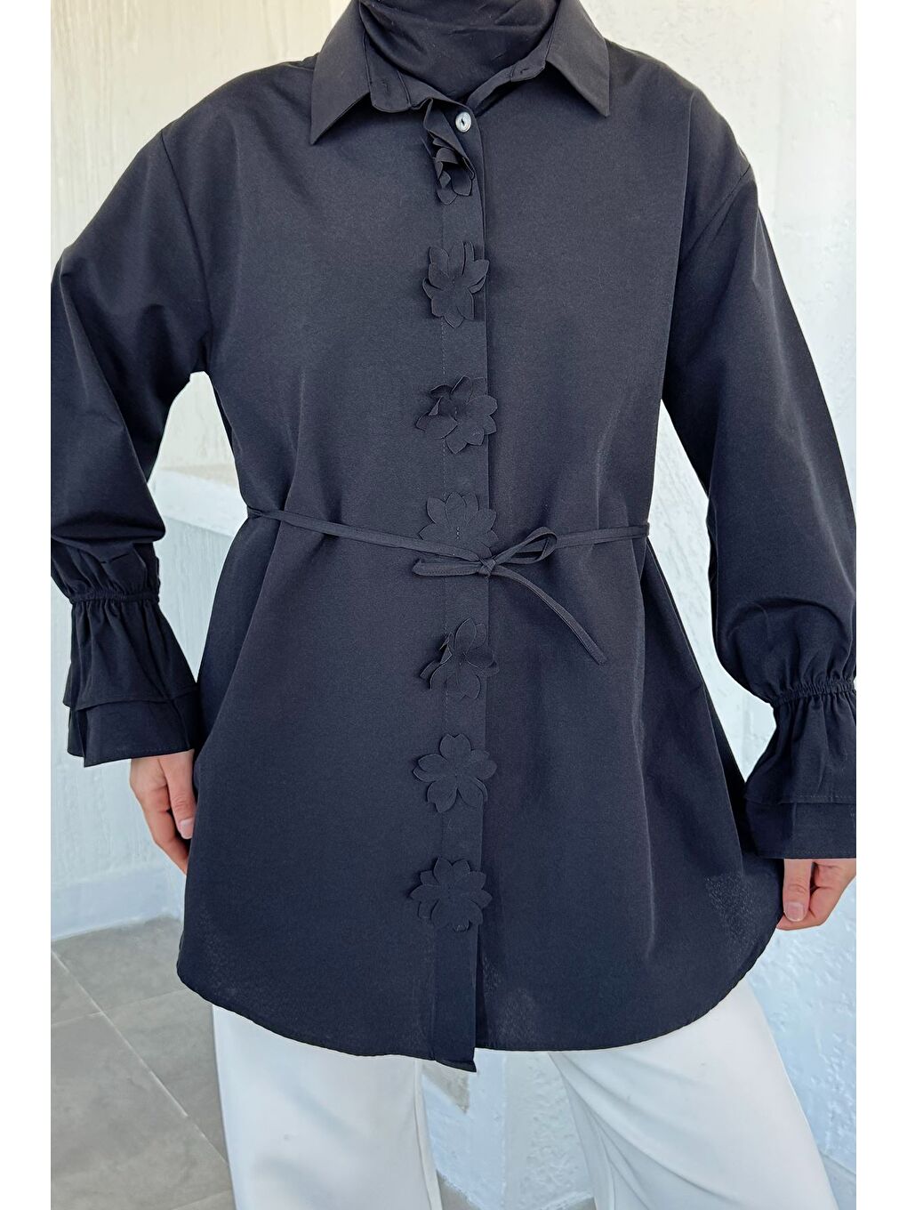 Siyah Kadın Bel Bağcıklı Tesettür Gömlek-2