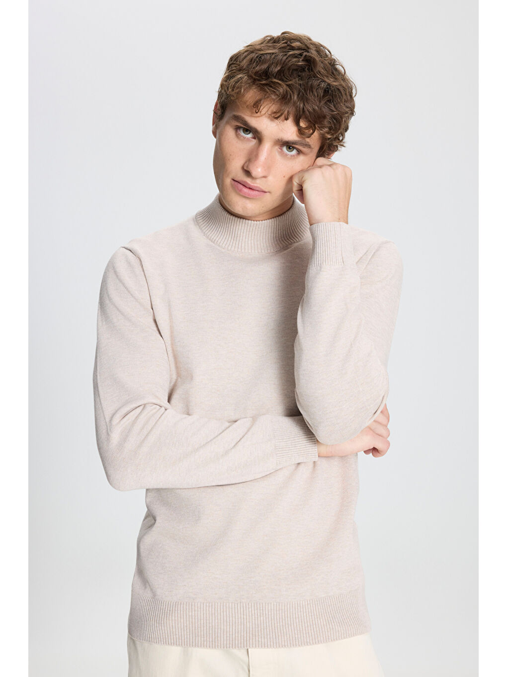 Erkek Bej Melanj Standart Fit Normal Kesim Yarım Balıkçı Yaka Triko Kazak-1