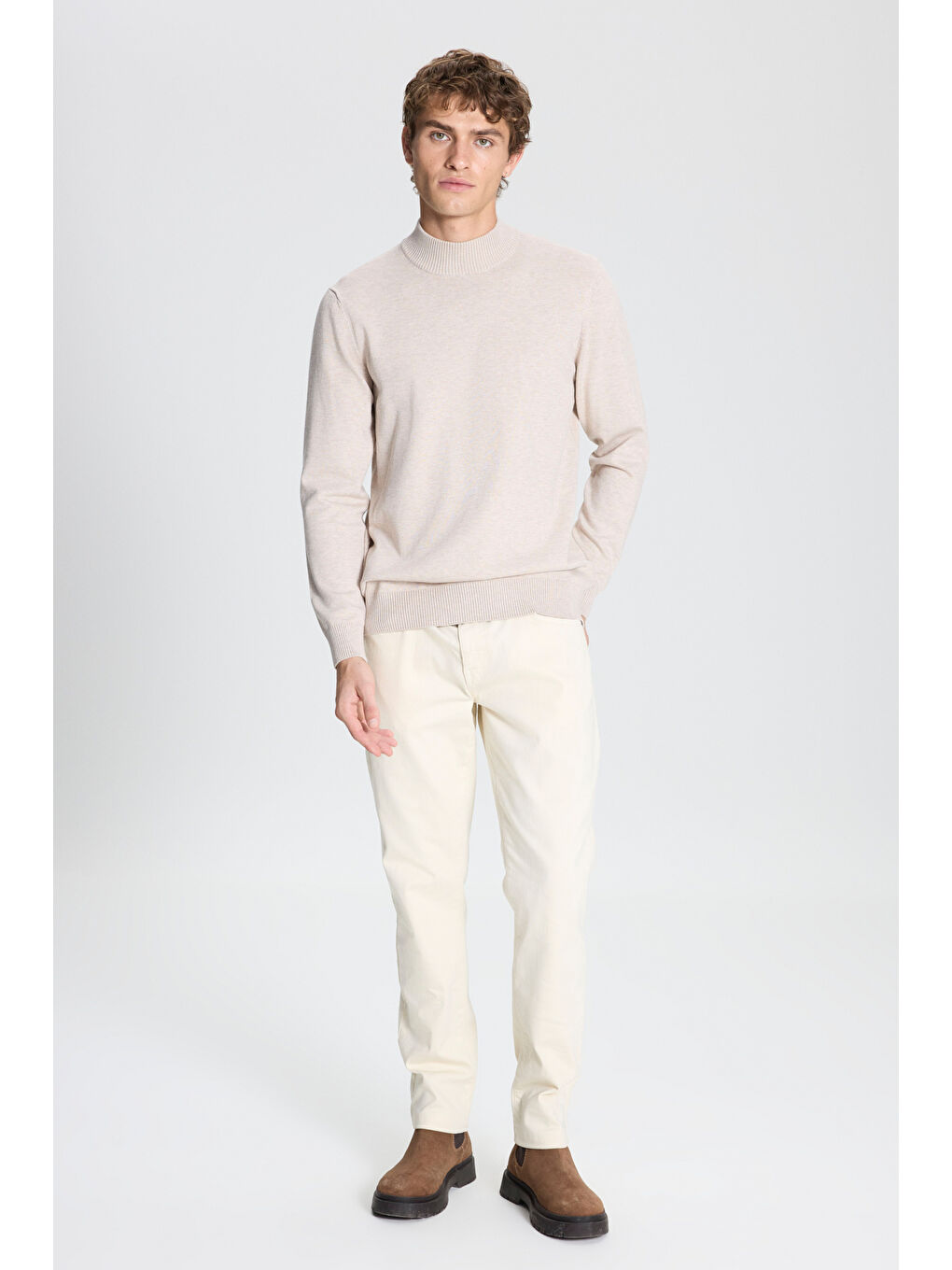 Erkek Bej Melanj Standart Fit Normal Kesim Yarım Balıkçı Yaka Triko Kazak-2