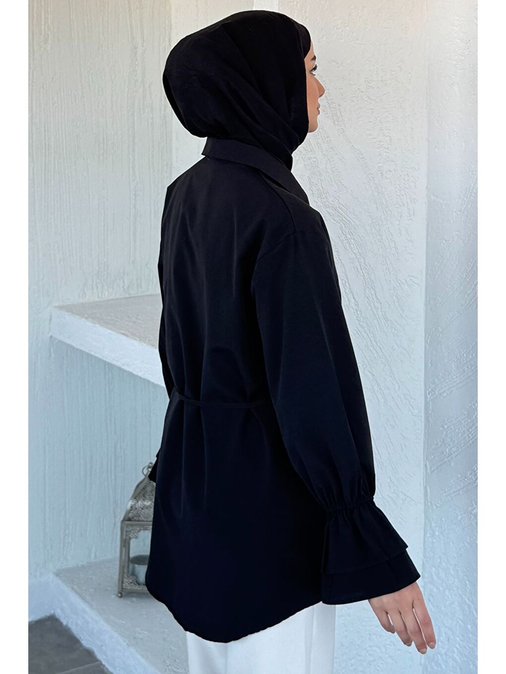 Siyah Kadın Bel Bağcıklı Tesettür Gömlek-5