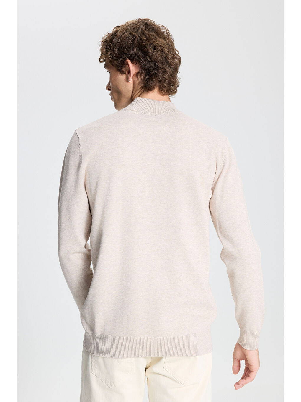 Erkek Bej Melanj Standart Fit Normal Kesim Yarım Balıkçı Yaka Triko Kazak-4