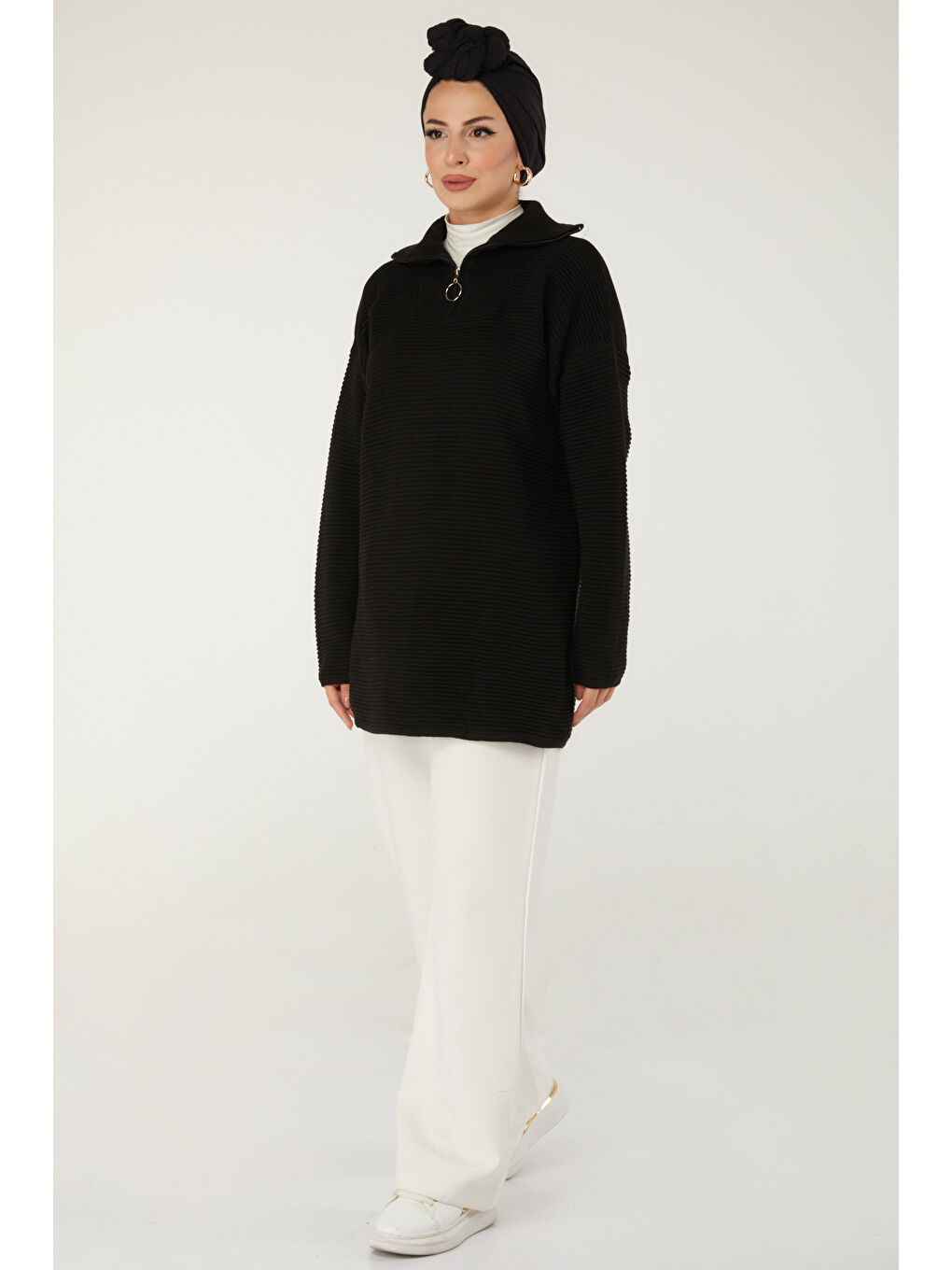 Fitili Fermuarlı Triko Kazak Siyah - 27632-4