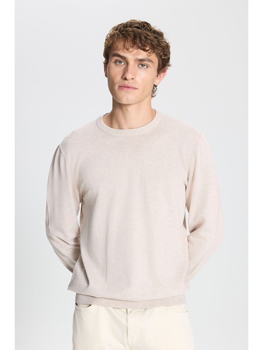 Erkek Bej Melanj Standart Fit Normal Kesim Bisiklet Yaka Triko Kazak