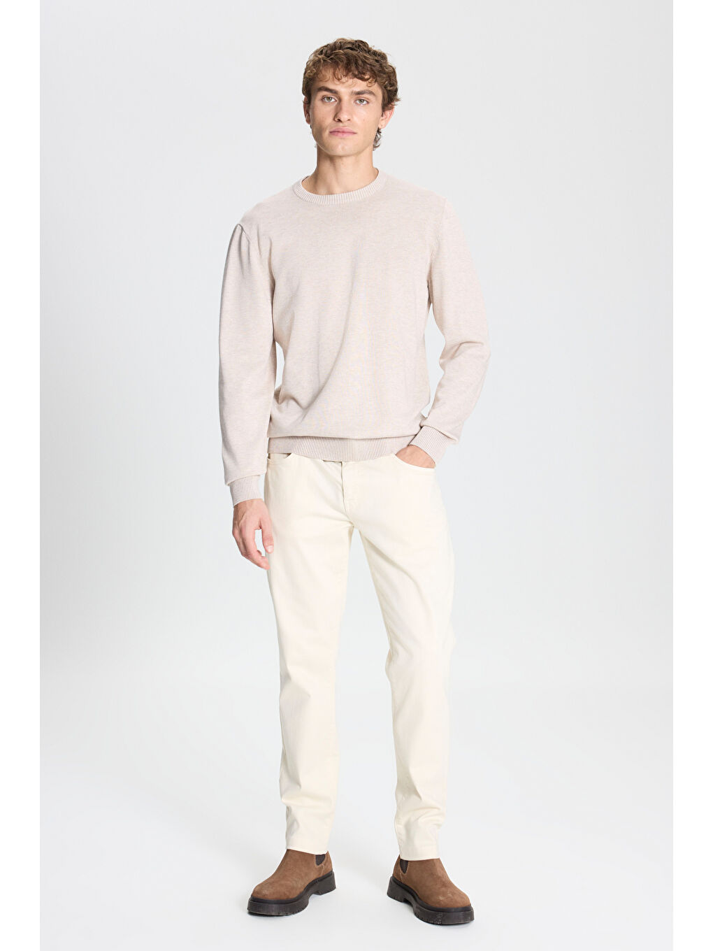 Erkek Bej Melanj Standart Fit Normal Kesim Bisiklet Yaka Triko Kazak-1