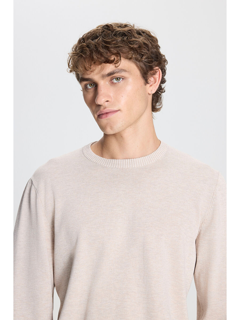 Erkek Bej Melanj Standart Fit Normal Kesim Bisiklet Yaka Triko Kazak-3