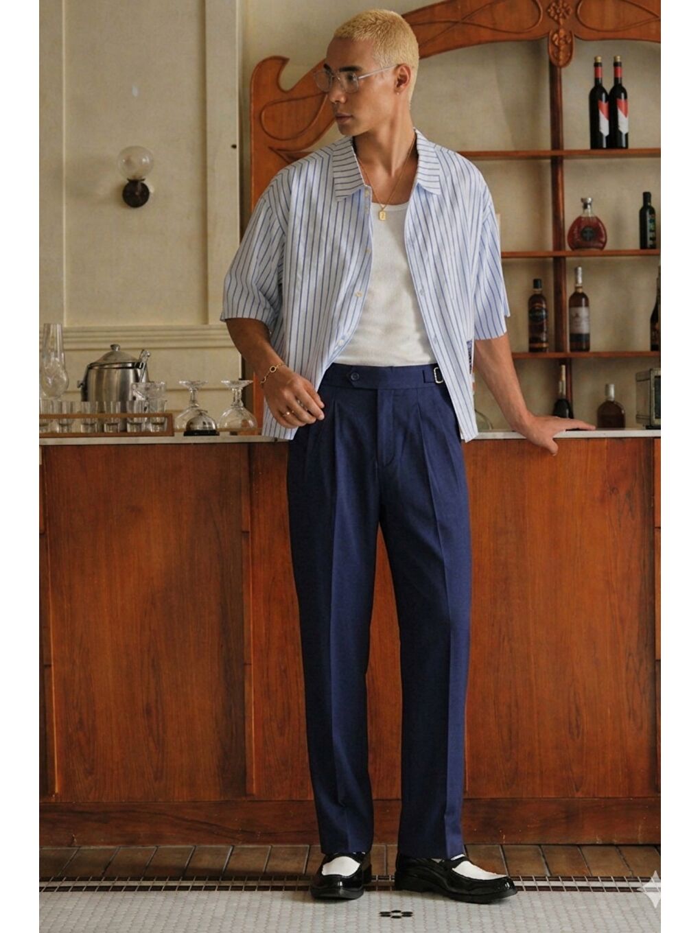 Lacivert Erkek Pileli Old Money Klasik Kumaş Pantolon Rahat Kalıp Yazlık-1