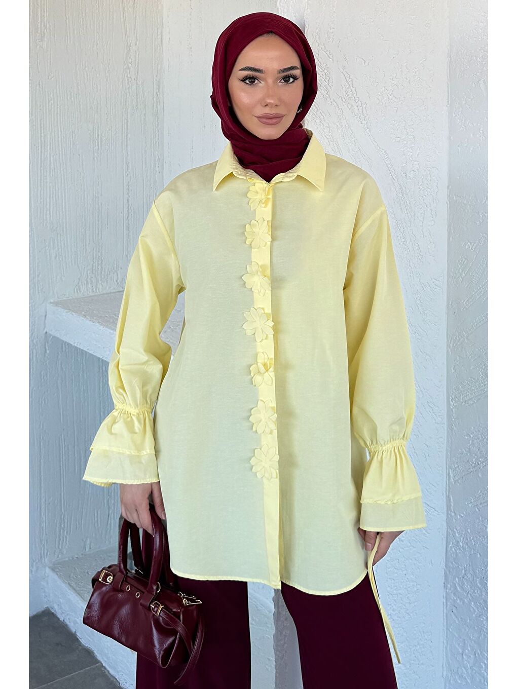 Sarı Kadın Bel Bağcıklı Tesettür Gömlek-3