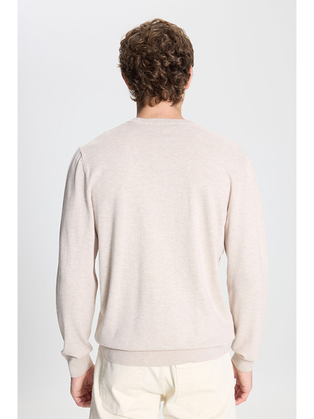 Erkek Bej Melanj Standart Fit Normal Kesim Bisiklet Yaka Triko Kazak-4