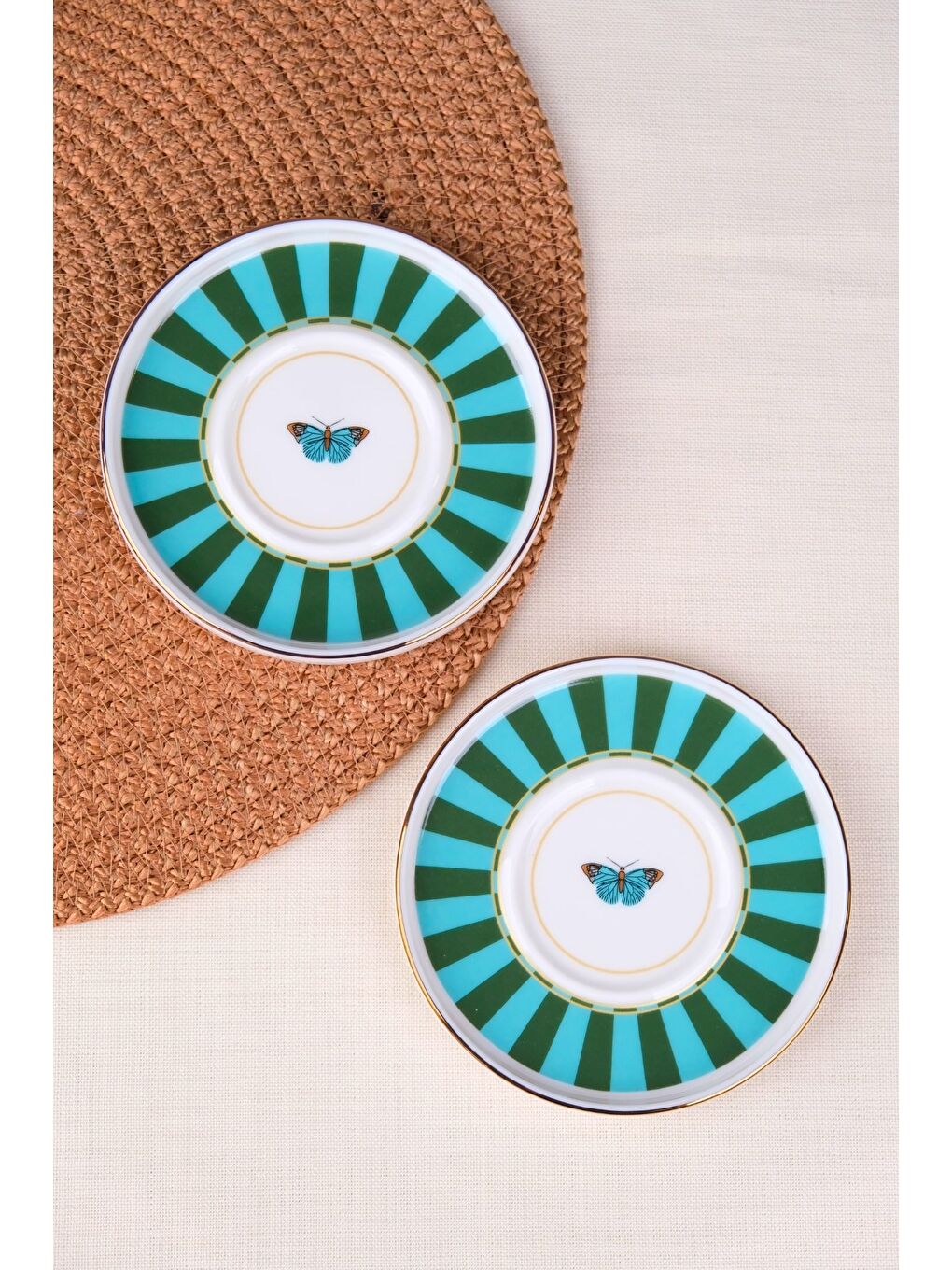 Karışık Porselen Butterfly Collection Altın Yaldızlı Çay Tabağı 11,8cm Yeşil 2 li-2