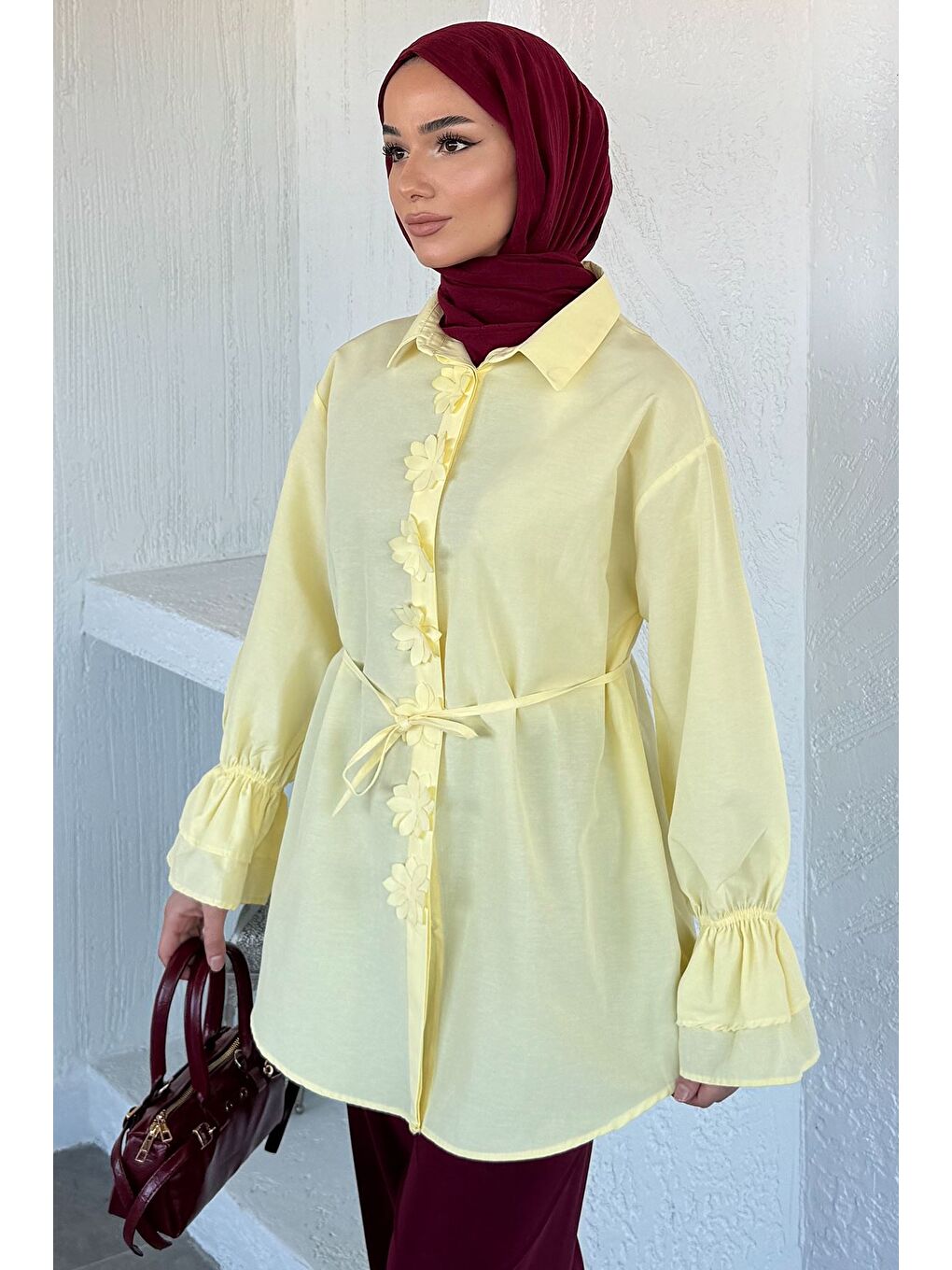 Sarı Kadın Bel Bağcıklı Tesettür Gömlek-5