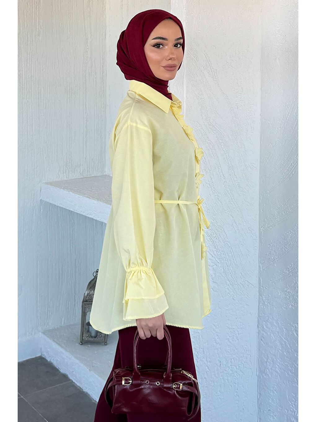 Sarı Kadın Bel Bağcıklı Tesettür Gömlek-6