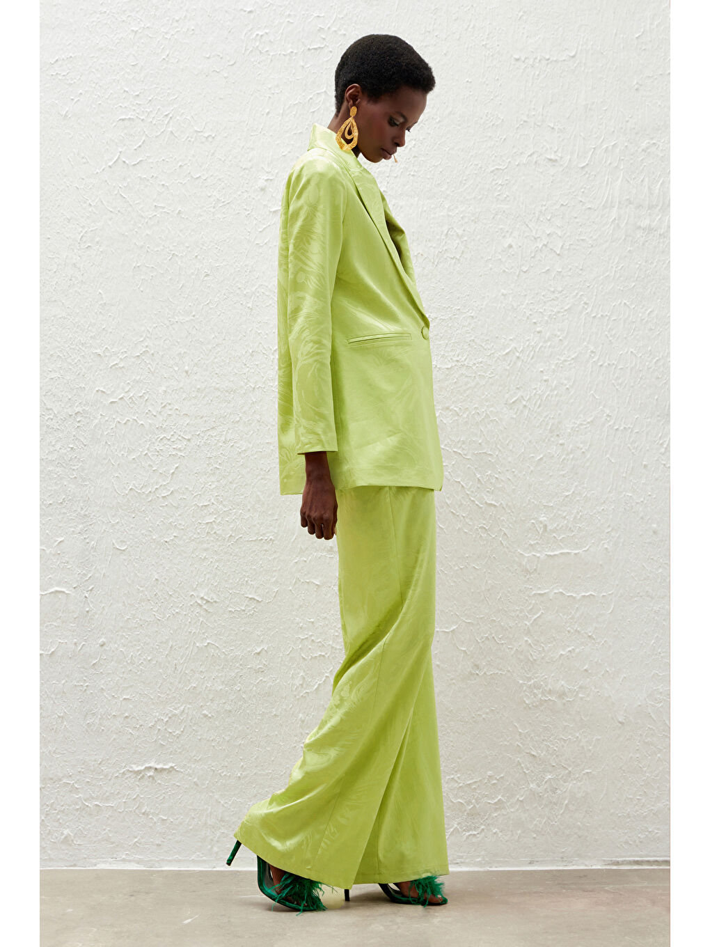 Saten Desenli Salaş Pantolon - Yağ Yeşili-1