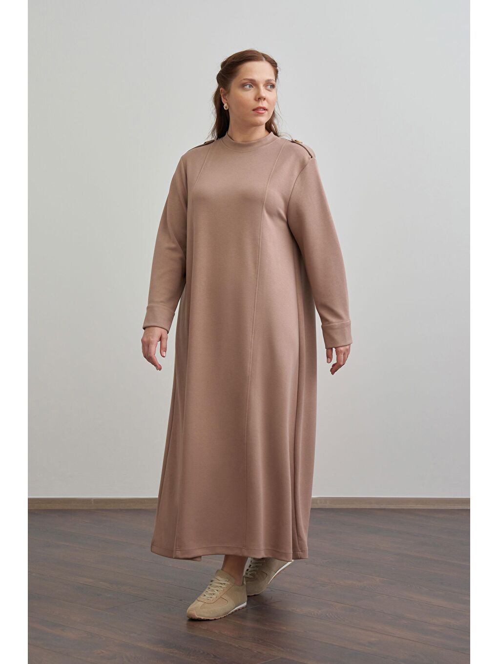 Bej Vizon-Yumuşak Dokulu Apoletli Elbise-1