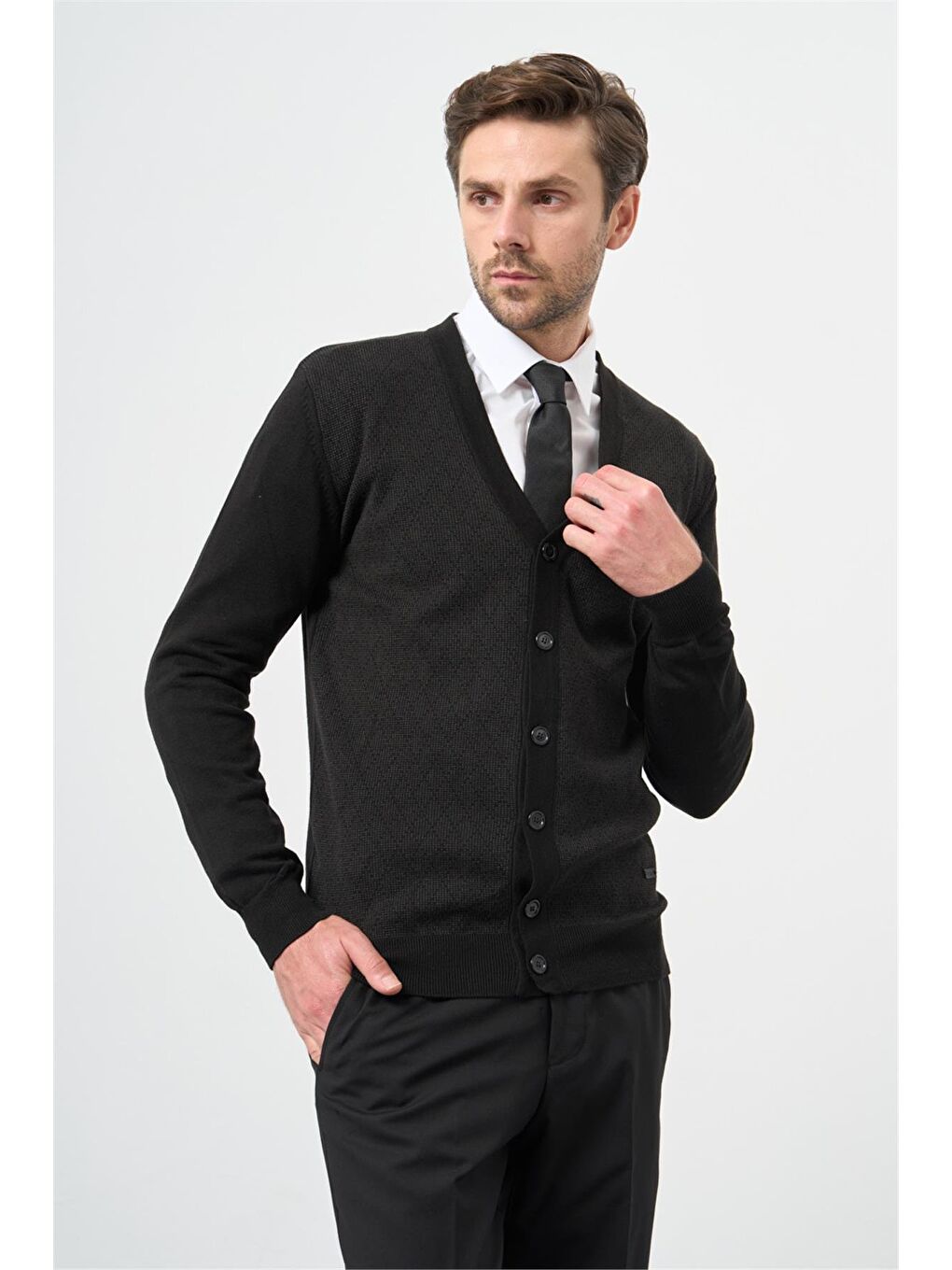 Siyah Uzun Kol Kendinden Desenli Örme V Yaka Classic Comfort Fit Triko 1012245161