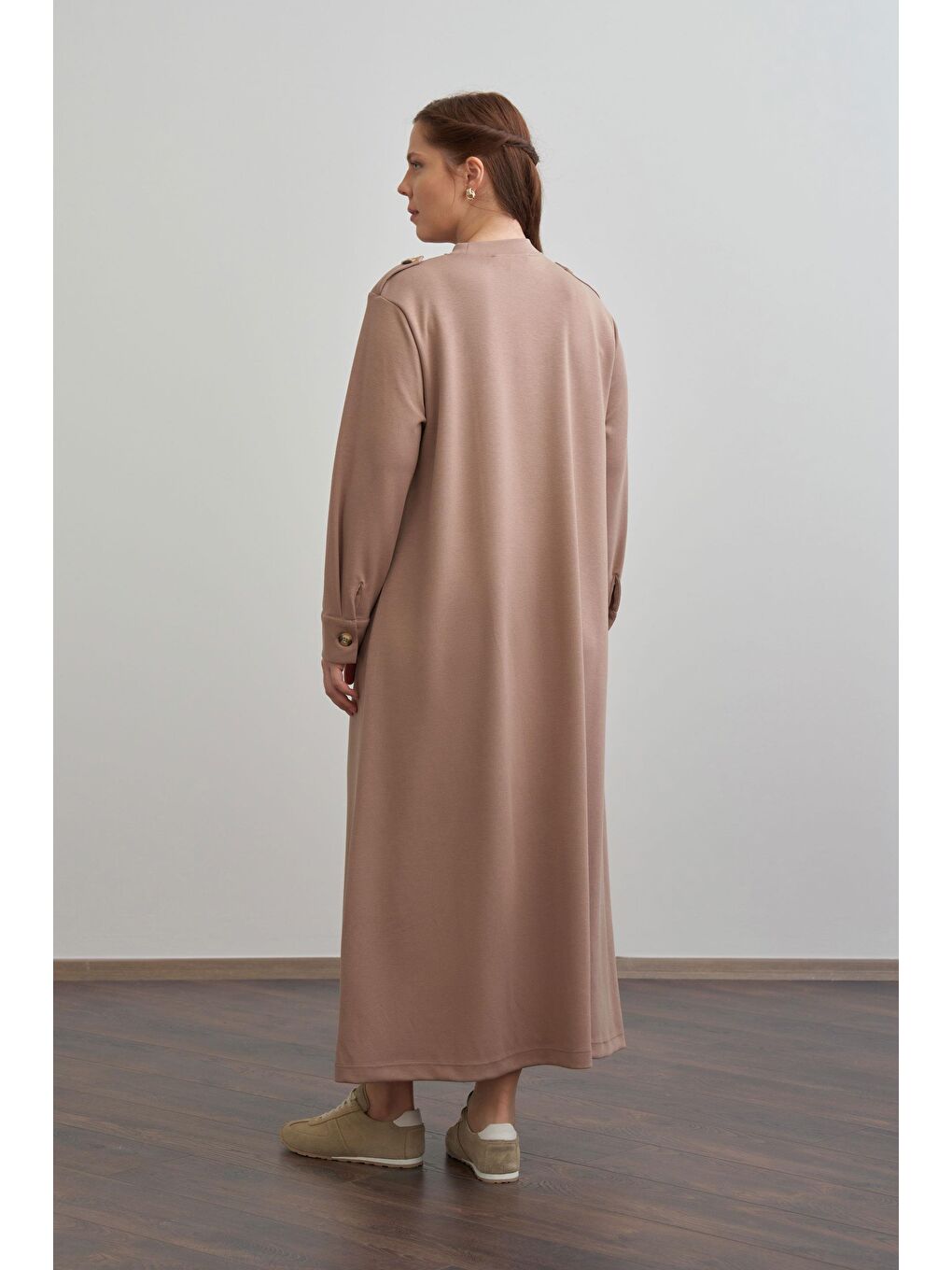 Bej Vizon-Yumuşak Dokulu Apoletli Elbise-2