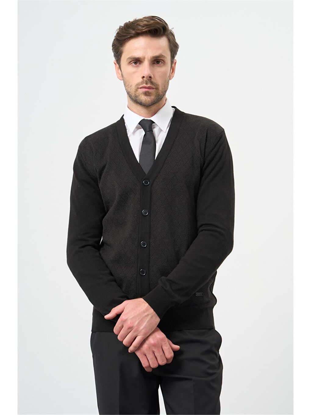 Siyah Uzun Kol Kendinden Desenli Örme V Yaka Classic Comfort Fit Triko 1012245161-2