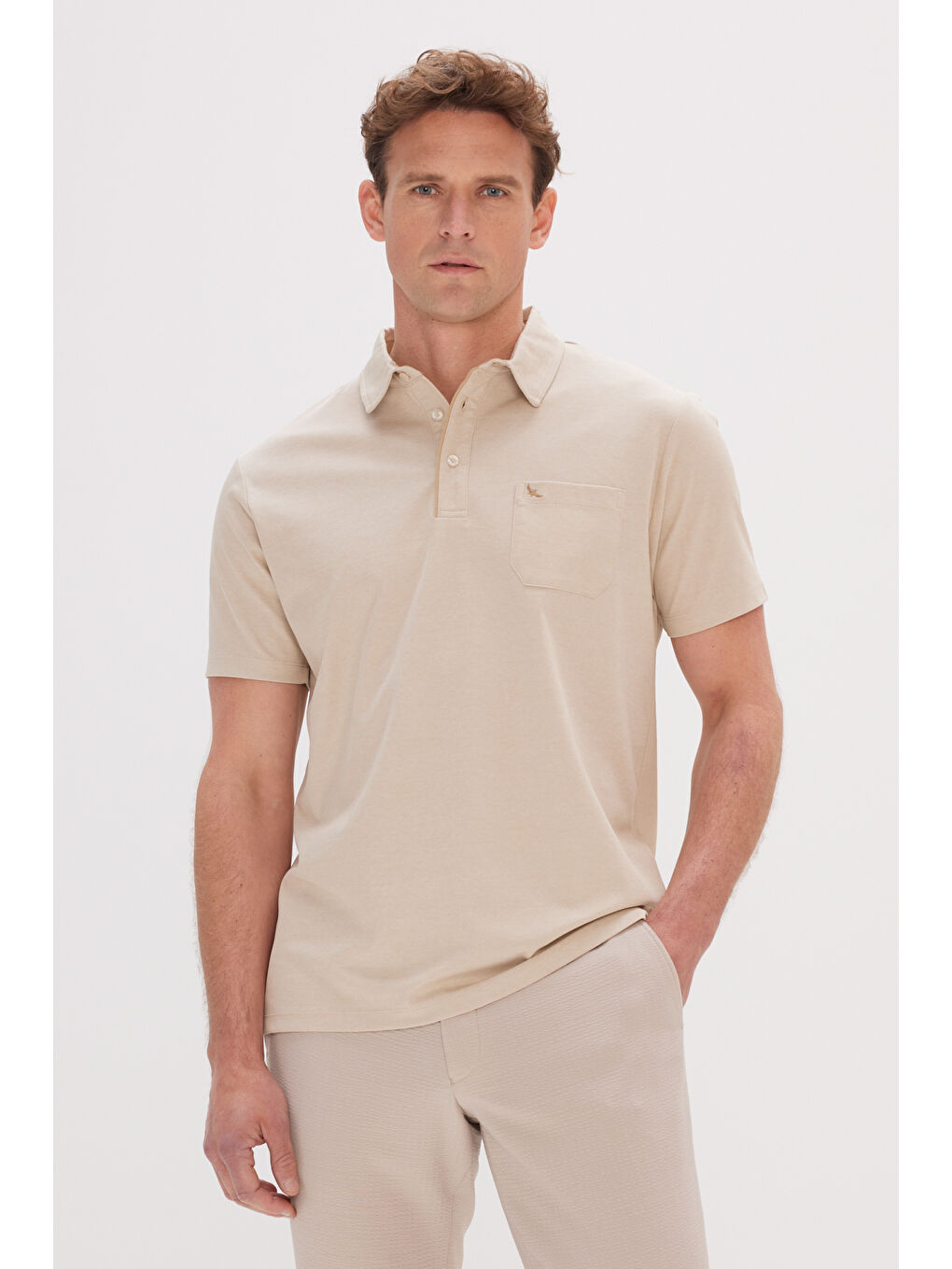 Erkek Bej Comfort Fit Rahat Kesim Polo Yaka Pamuklu Kısa Kollu Tişört